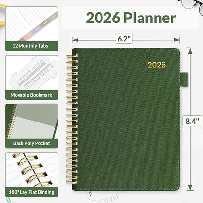 SUNEE 2026 Weekly & Monthly Planner 6.4"x8.5"- 12 Month (January 2026 - December 2026), Vegan Leather Cover, Pocket, Bookmark, Notes, Monthly Tab, Deep Green