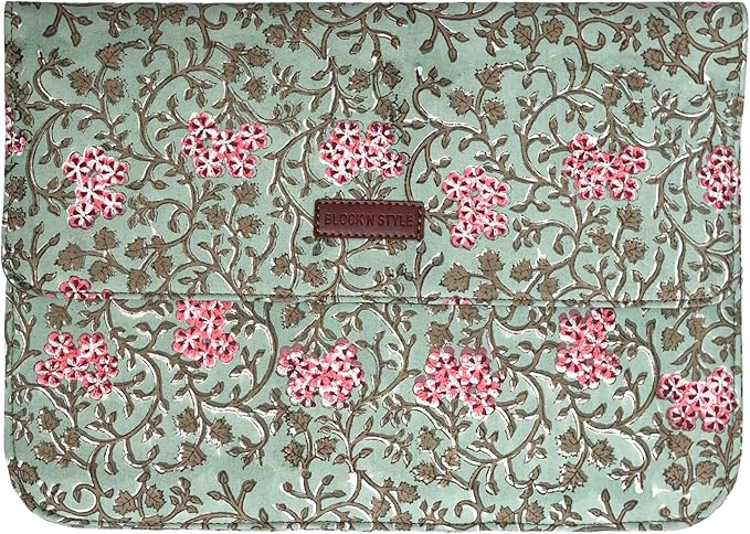 Cotton Hand Block Print Laptop Sleeve Case Bag Compatible with MacBook Air/Pro, 13-13.3 inch Water-Resistant Notebook, Travel Carrying Case Bag Protective Portable Computer Bag, Green 2