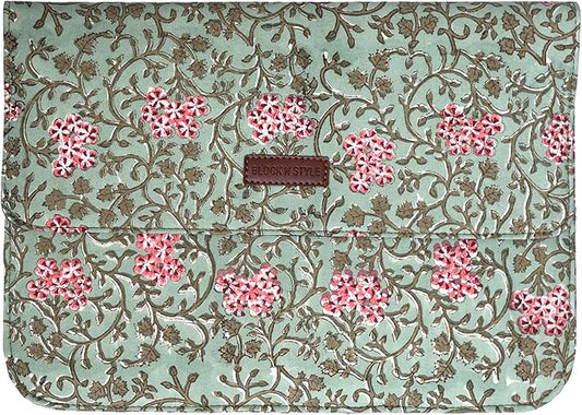 Cotton Hand Block Print Laptop Sleeve Case Bag Compatible with MacBook Air/Pro, 13-13.3 inch Water-Resistant Notebook, Travel Carrying Case Bag Protective Portable Computer Bag, Green 2