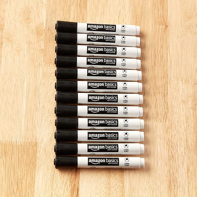 Amazon Basics 12-Pack Low-Odor Chisel Tip Dry Erase Whiteboard Markers, Black