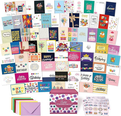 80 Unique Birthday Cards- Happy Cards Bulk With Greetings Inside – Assorted Envelopes and Stickers -Large 5 x 7 inches- Greeting Box Set
