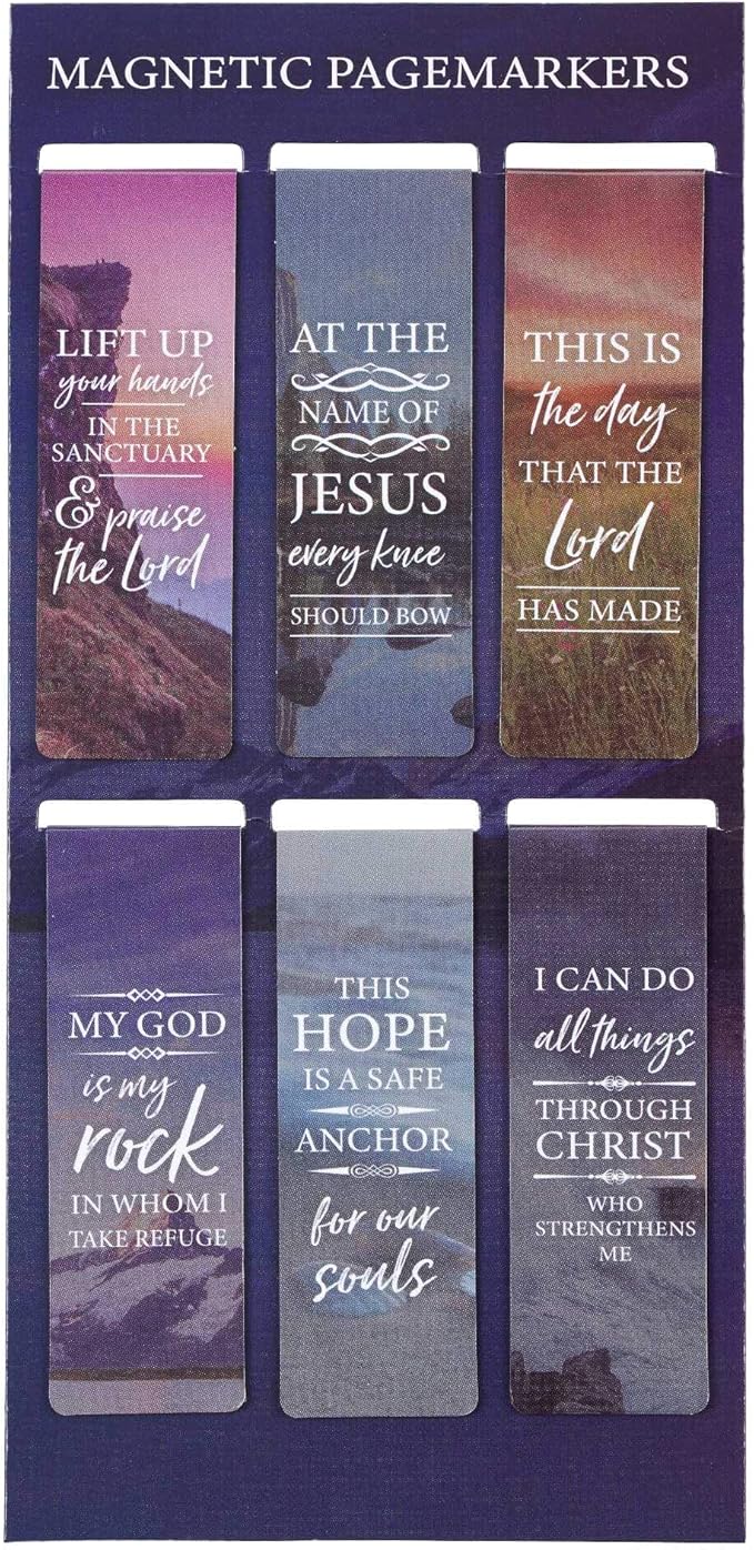 Christian Art Gifts Magnetic Scripture Bookmark Set with Bible Verse: Lift Up Your Hand -Psalm 134:2 Inspirational Scenic Magnetic Bible Verse Pagemarker Set of 6 for Bibles and Books Size 2.3” x 0.8”