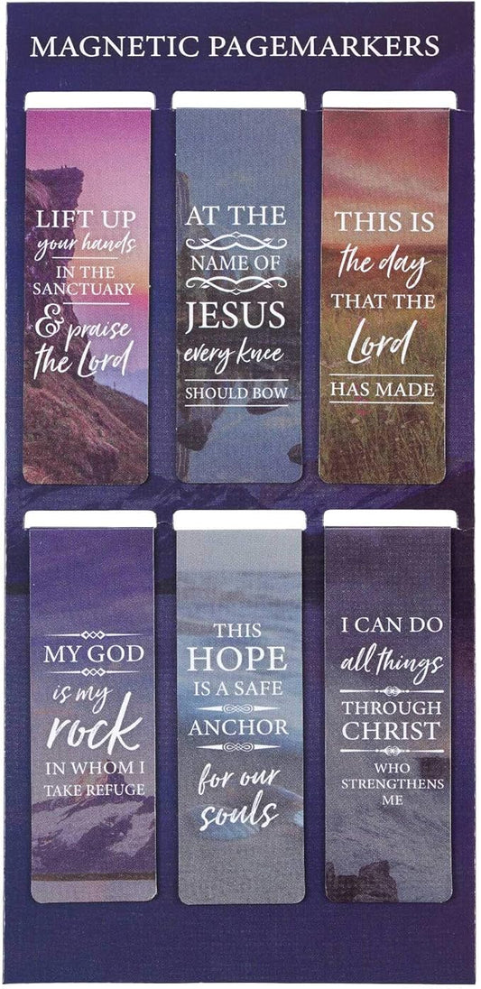 Christian Art Gifts Magnetic Scripture Bookmark Set with Bible Verse: Lift Up Your Hand -Psalm 134:2 Inspirational Scenic Magnetic Bible Verse Pagemarker Set of 6 for Bibles and Books Size 2.3” x 0.8”