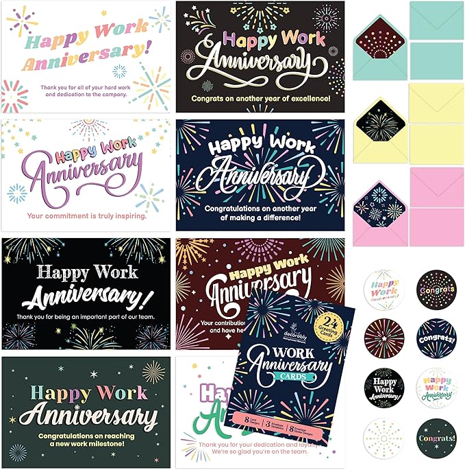 Decorably 24 Pack 6x4in Happy Work Anniversary Cards for Employees with Envelopes & Stickers, 8 Fireworks Designs Employee Anniversary Cards, Blank Inside