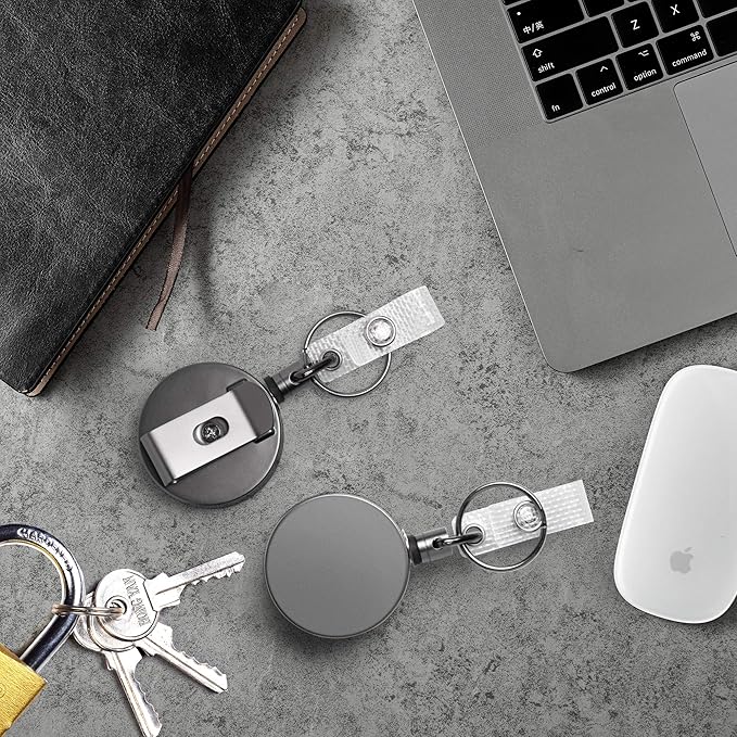 Will Well ID Badge Holder Reel with Clip and Keyring - Heavy-Duty All-Metal Casing with 27.5" UHMWPE Fiber Pull Cord for Durability and Easy Access, Holds up to 8 Keys - 2-Pack, Round, Glossy Silver