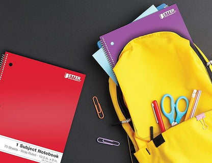 Better Office Products Spiral Notebooks 1-Subject, 24 Pack, Wide Rule, 70 Sheet, 8 x 10.5 inches, 6 Assorted Primary Colors, 24 Pack
