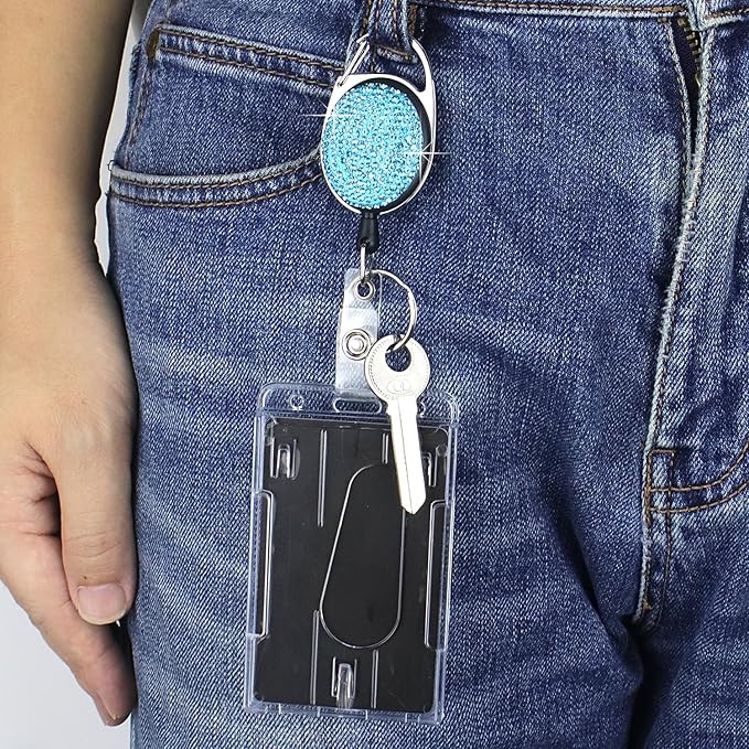 VIQWYIC Retractable ID Badge Holder with Clip, ID Name Badge Reels with Bling Rhinestones Retractable Card Holder for Office Worker Teacher Doctor Nurse (Blue)