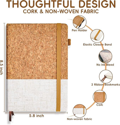 Lined Journal Notebook for Women Men, 192 Pages 100 GSM Thick Paper, Cork & Non-Woven Fabric Cover | Hardcover Journals for Writing, A5 College Ruled | Business, Work & School, 5.8"×8.5"(Cork-White)