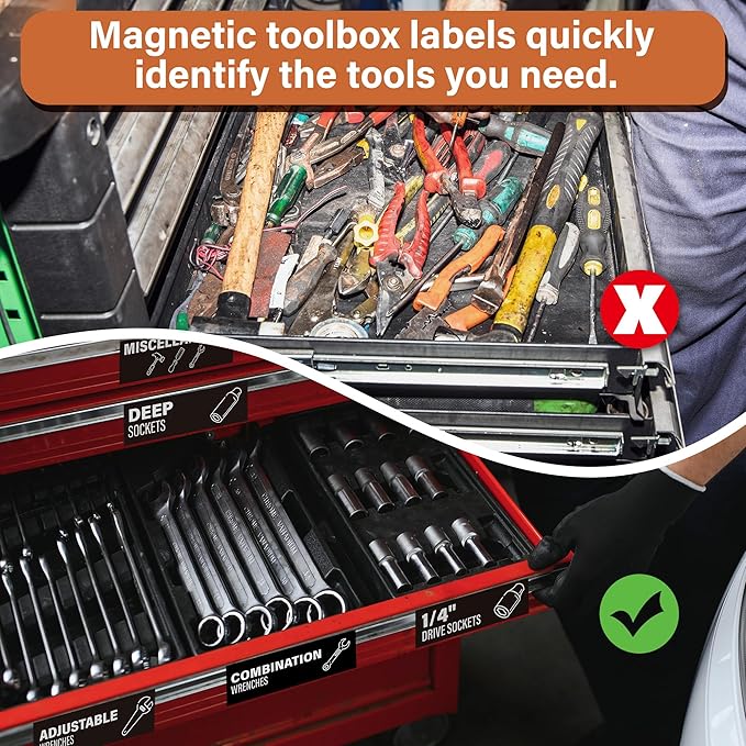 Toolbox Organization Magnetic Labels 80 Pcs, Tool Organizer Icon Labels with Strong Magnets, Toolbox Widget Stickers Accessories, Fits All Brands of Steel Tool Chest Organizer, 3" x 1"