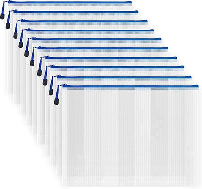 AUSTARK 10 Pcs Zipper File Bags, Waterproof Plastic Mesh Pouch for Office School, Board Game Storage Bags (B4 Size 15''x11'', White and Blue)