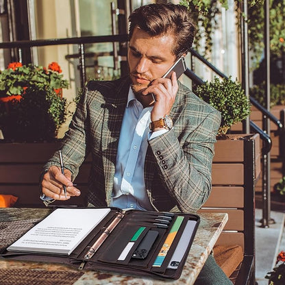 Padfolio Binder- A4 Letter Size 3-Ring Binder, Leather Portfolio Folder Organizer Deep Brown Crazy Horse Leather with Free Name Engraving. Includes Business Card Holder and Letter-Sized Writing Pad.