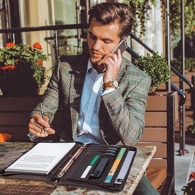 AZXCG Premium Leather Padfolio Binder for Men & Women - A4 Letter Size Notepad & iPad Pro 12.9 Compatibility(2018,2020,2021) Executive Portfolio Folder with Business Card Holder,Darkbrown