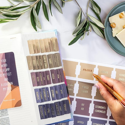 DiverseBee Laminated Bible Tabs (Gold Embossed Lettering), Bible Study Journaling Supplies, Bible Book Tabs, 73 Bible Tabs for Women and Men, Includes 4 Blank Tabs (Olive)