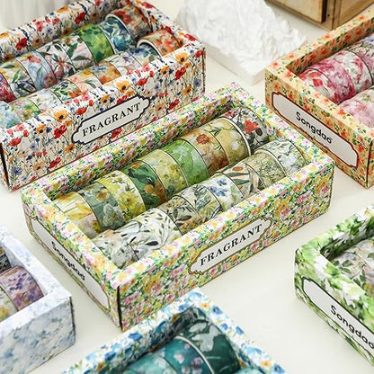 18 Rolls Blossom Washi Tape Set Floral Arts Adhesive Tapes Flowers Garden Decorative Masking Tape Sets for Craft, Kids, Scrapbook, DIY, Gift Wrapping (Emerald Vines)