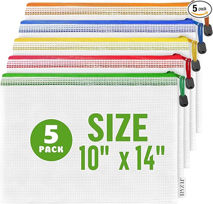 5 Pack Mesh Zipper Pouch Bags 10x14 inch - Plastic Zipper Pouches for Organizing - Document Bags With Zipper - Letter Size Zipper Pouch - Document Pouch With Zipper - Mesh Pouch With Zipper