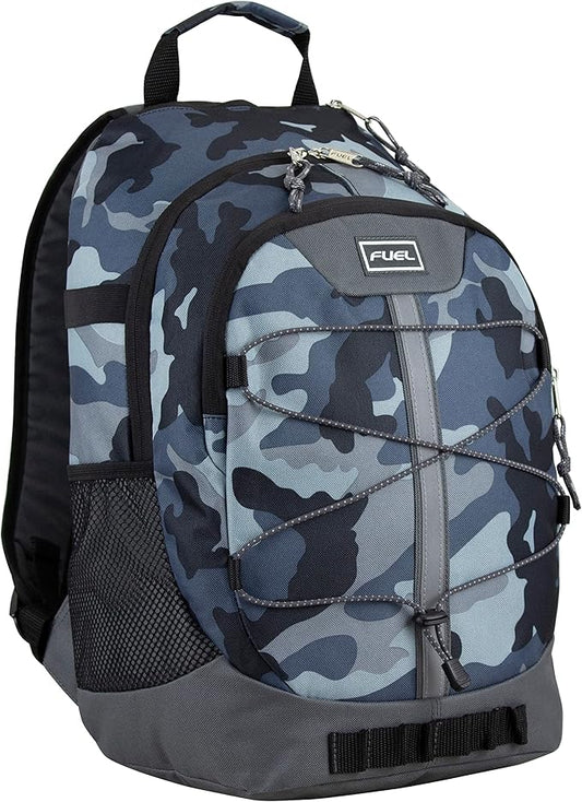 FUEL Hiking Backpack for Women Men Terra Sport, Travel, College, Gym, Work with Laptop Sleeve, Bungee, 18 Inches, Midnight Camo
