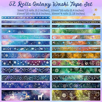 52 Rolls Washi Tape Set, Gold Foil Galaxy Washi Tape for Journaling Supplies, 4 Size Washi Tapes for Scrapbooking, DIY Journal Set, Craft, Gift Wrapping, Painting