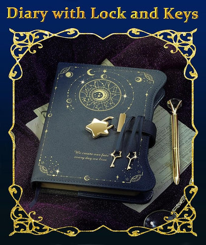 Diary with Lock and Keys for Girls Gift Ideas, 360 Kraft Pages Journal for Women, B6 Refillable Notebook for Writing with Pen and Bookmark (Astro Blue)