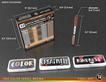 Acrylic Paint Pens 22 Brown Tones Assorted Pro Color Series Markers Set 0.7mm Extra Fine Tip for Rock Painting, Glass, Mugs, Wood, Metal, Canvas, Projects, Non Toxic, Waterbased, Quick Drying