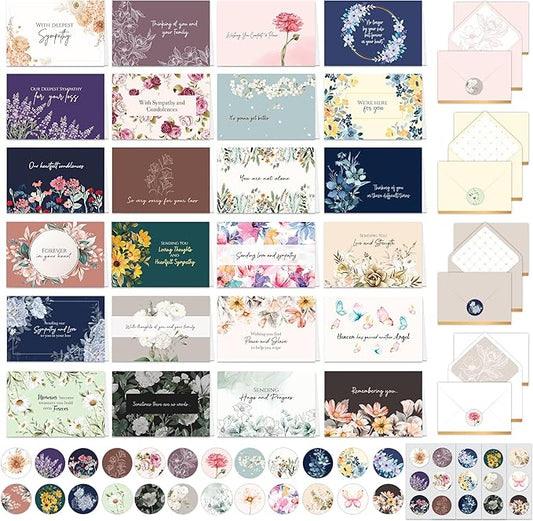 Decorably 24 Pack 6x4in Assorted Sympathy Cards with Envelopes and Stickers, 24 Unique Designs Sympathy Cards Assortment Box with Envelopes with Printed Message Inside
