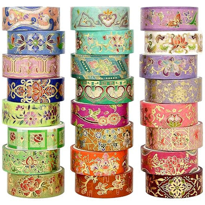 24 Rolls Washi Tape Set, Gold Foil Floral Decorative Tape for Scrapbooking, Bullet Journaling, Planner, DIY Crafts, Christmas - Floral Feast