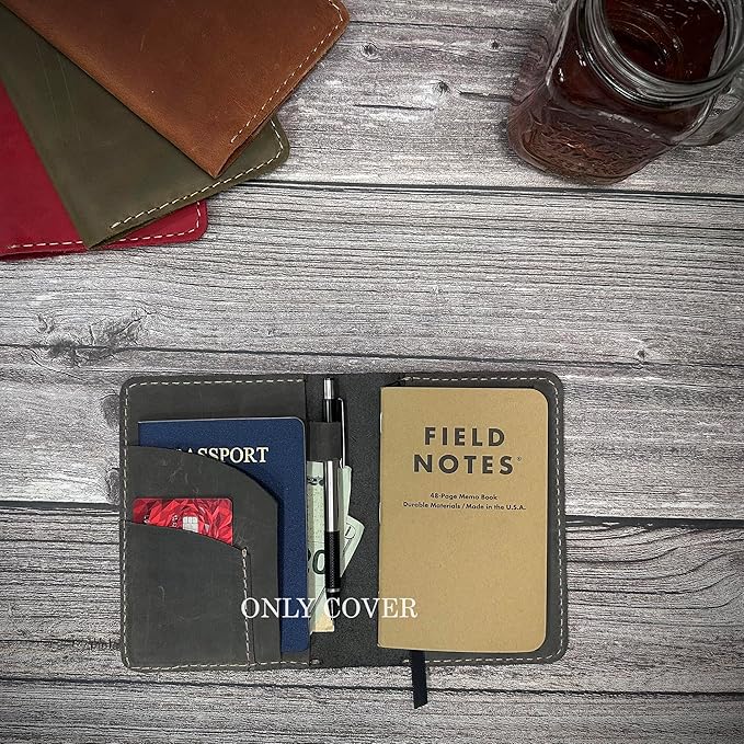 Leather Cover for Field Notes, Passport Cover, Leather Notebook Cover for 3.5" x 5.5" with Pen Holder, Only Cover (Gray)