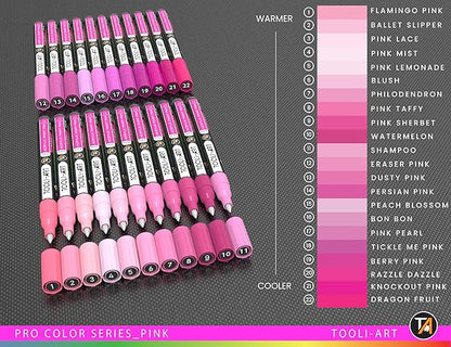 Acrylic Paint Pens 22 Pink Tones Assorted Pro Color Series Markers Set 0.7mm Extra Fine Tip for Rock Painting, Glass, Mugs, Wood, Metal, Canvas, Projects, Non Toxic, Waterbased, Quick Drying