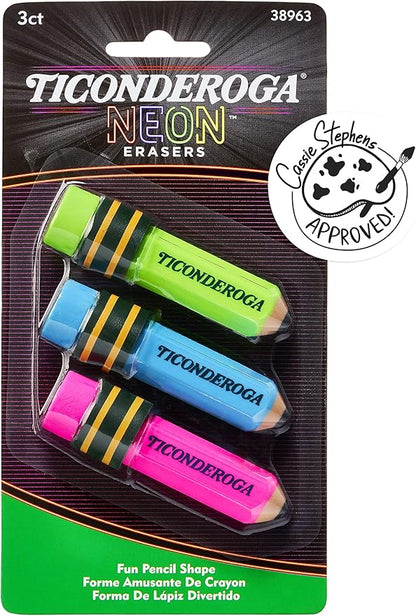 Ticonderoga Pencil Shaped Erasers, Neon Colors, 3 Count