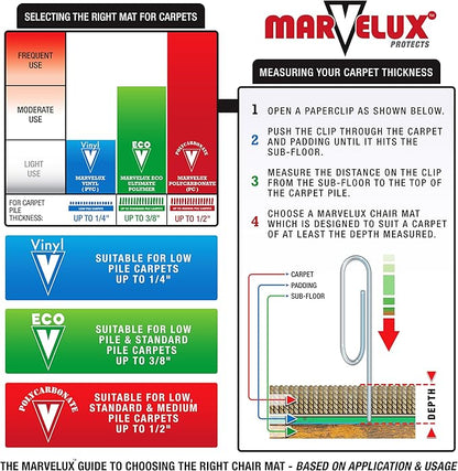 Marvelux Office Chair Mat for Low Pile Carpets 48" x 51” Clear Vinyl Protector Mat for Under Desks, Rectangular PVC Carpeted Floor Mat for Gaming Chairs and Computer Desks