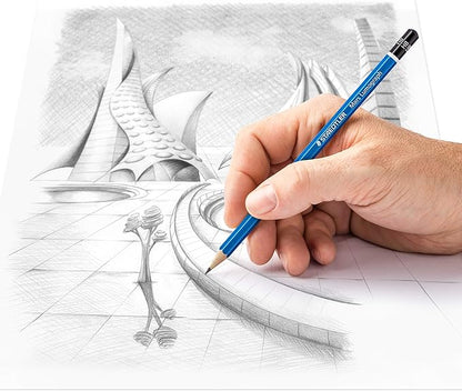 STAEDTLER Mars Lumograph Art Drawing Pencils, 12 Pack Graphite Pencils in Metal Case, Break-Resistant Bonded Lead, 100 G12,Silver/Blue