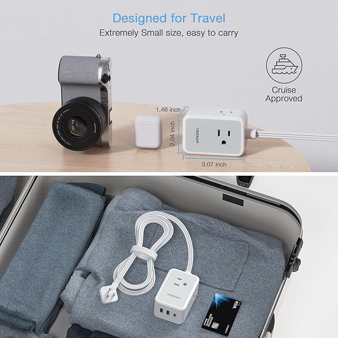 Small Flat Plug Power Strip, TESSAN Ultra Thin Extension Cord with 3 USB Wall Charger (1 USB C), 3 Outlets Mini Charging Station, 5 ft Slim Plug for Cruise Travel Office School Dorm Room Essentials