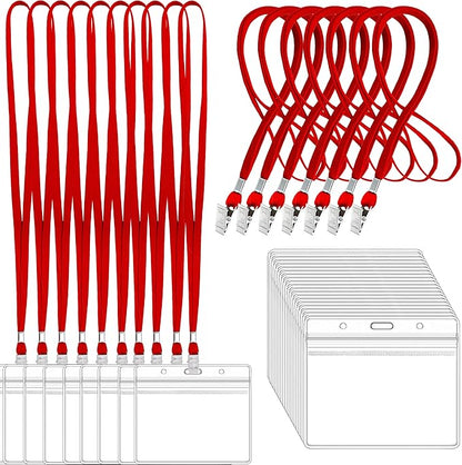 100Pcs Clear Plastic Horizontal Name Tags Badge ID Card Holders and 100Pcs Lanyards with Clip (Red)