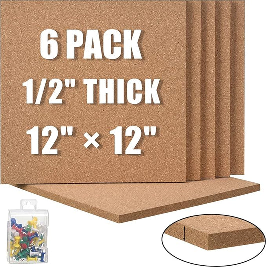 SUNGIFT Cork Board 12"x12" - 1/2" Thick Square Bulletin Boards 6 Pack Cork Tiles with 50 Push Pins Mini Wall Self-Adhesive Corkboards Tiles for Wall