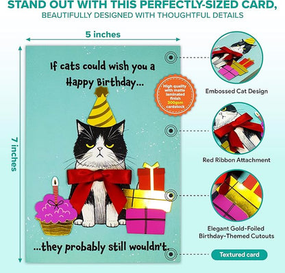 Decorably Gold-Foiled 5x7in Individual Funny Cat Birthday Card with Birthday-Themed Cutouts and Ribbon, Textured Cat Card Set with Envelope and Stickers, with Printed Message Inside