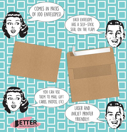 Better Office Products Kraft Invitation Envelopes, 100-Pack, A1 Size (3.625" x 5.12"), Strong 35 lb. Paper, Fits 3.5" x 5" Invitation, RSVP, Photos, Gift Cards (Square Flap with Peel & Stick Closure)