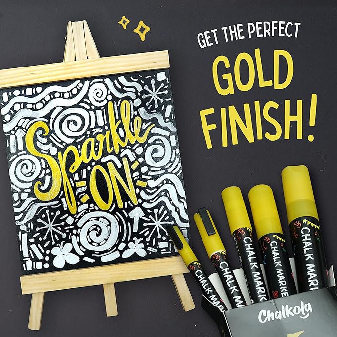 5 Gold Chalkboard Chalk Markers - Gold Dry Erase Markers for Blackboard, Chalkboard Signs, Windows, Glass | Variety Pack - Fine & Jumbo Size Ink Pen (1mm, 3mm, 6mm, 10mm, 15mm)