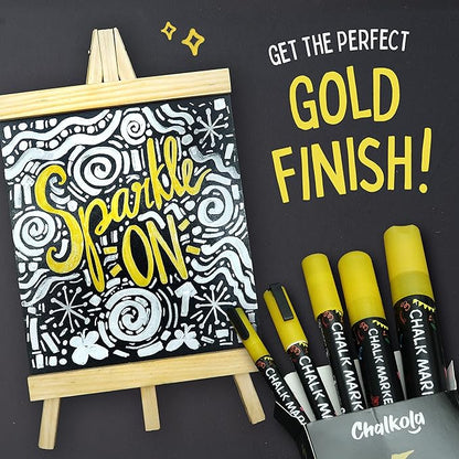 5 Gold Chalkboard Chalk Markers - Gold Dry Erase Markers for Blackboard, Chalkboard Signs, Windows, Glass | Variety Pack - Fine & Jumbo Size Ink Pen (1mm, 3mm, 6mm, 10mm, 15mm)