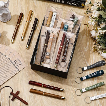 25 Sets Christmas Christian Church Gifts Bulk Bible Verse Plastic Gel Pen Religious Silicone Keychains Scripture Bookmark 2''x 6'' Emergency Numbers Bible Bookmarks Gift Pastor (Wood Color)