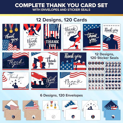 Decorably 120 Pack 6x4in Veterans Day Cards Bulk with Envelopes and Stickers, 12 Designs Military Thank You for Your Service Cards, Patriotic Thank You Cards Blank Inside
