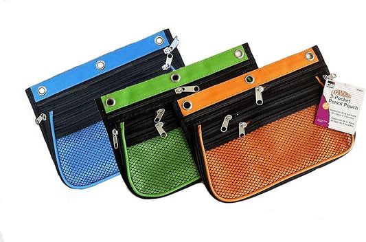 Charles Leonard, Expandable 3 Pocket Pencil Pouch, Expanding to 2.25", 10.25" W x 7.25" H x 2.5" D - Assorted Colors, 3/Pack (76365-3)