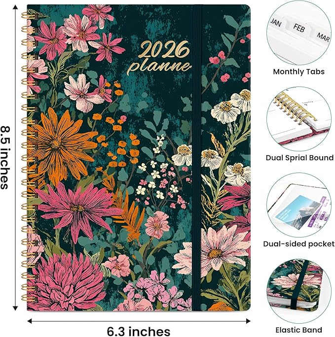 2026 Planner, Weekly and Monthly Planner for Women, January 2026 to December 2026, Pretty Hardcover 2026 Calendar Planner Book with Tabs, Inner Pocket, Spiral Bound, Perfect Office Home School Supplies - 6.3" x 8.5", Wildflower Reverie