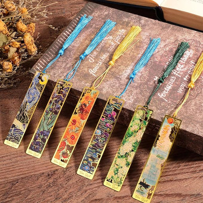 6pcs Metal Bookmarks with Tassel, Van Gogh Oil Painting Theme Vintage Bookmarks, Book Lover Gifts for Women, Golden Hollow Bookmarks, Fancy Aesthetic Bookmarks for Book Lovers, Stocking Stuffers