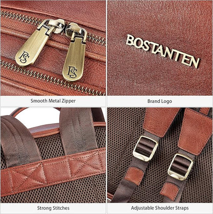 BOSTANTEN Leather Backpacks College 15.6” Laptop Travel Computer Shoulder Backpack For Men Coffeebrown
