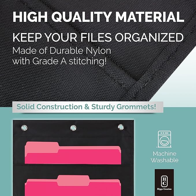Hippo Creation Heavy Duty Storage Pocket Chart for Classroom, 10 Pocket Storage Organizer with 2 Over-Door Hangers, Hanging Wall Organizer for File Folders, School Mailbox, Home Office Papers - Black