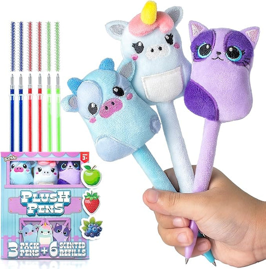 BUNMO Easter Gifts for Girls - Cute Pens - Cute Gel Pens w/Soft Grip & 6 Refills - Gifts for Tweens- Girls Easter Basket Stuffers - Fun Writing for Kids - Gift for Teens - Plush 3 Pack