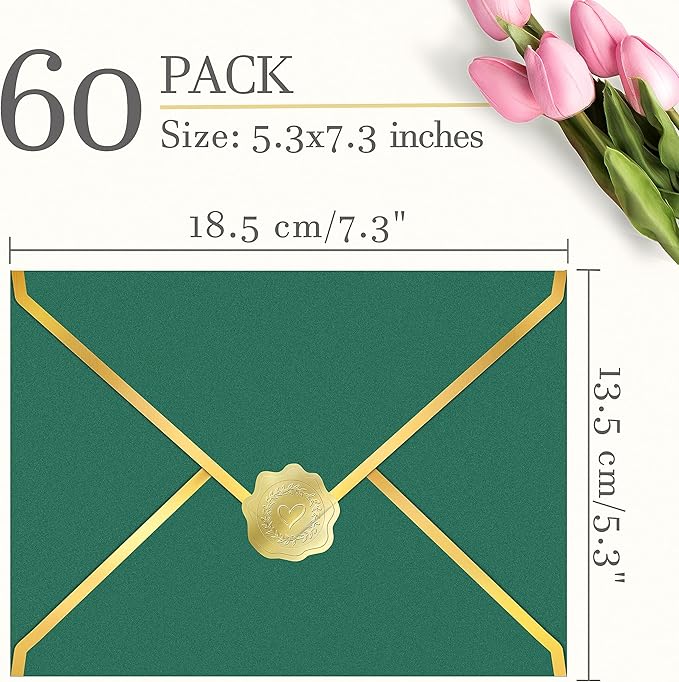 60 Pack Gold Envelopes 5x7 Bulk Green, 250G Pearled Cardstock A7 Envelopes for Invitations Business Mailing Envelope with Gold Foil Border, A6 4x6 Envelopes for Wedding Baby Shower Cards