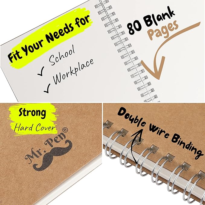 Mr. Pen- Spiral Notebook, A5, Kraft Cover, 2 Pack, 80 Pages, Sketch Book, Drawing Notebook, Notebook Spiral, Spiral Bound Notebook, Spiral Sketchbook, Blank Journal Notebook, Unlined Notebook