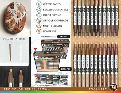 Acrylic Paint Pens 22 Brown Tones Assorted Pro Color Series Markers Set 0.7mm Extra Fine Tip for Rock Painting, Glass, Mugs, Wood, Metal, Canvas, Projects, Non Toxic, Waterbased, Quick Drying