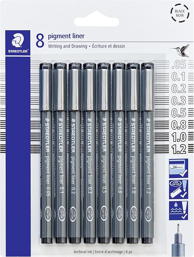 STAEDTLER Pigment Liner Pack, Black, 8 Pens, Assorted Line Widths, 0.05mm, 0.1mm, 0.2mm, 0.3mm, 0.5mm, 0.8mm, 1.0mm, 1.2mm