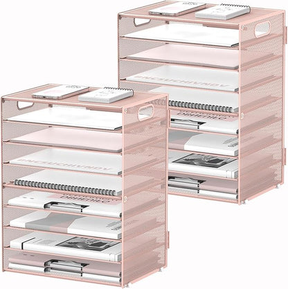 DALTACK 9-Tier Paper Letter Tray Desk Organizer with Handles, Mesh File Holder Organization, Paper Sorter Desk Organizer for Office Home School, Pink 2 Pack